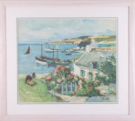 Print after Raymond Wintz, Breton Fishing Village, 50cm x 60cm, framed and glazed.
