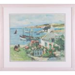 Print after Raymond Wintz, Breton Fishing Village, 50cm x 60cm, framed and glazed.