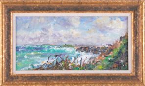 Michael J. STRANG (1942), oil on board, Porthmeor, St Ives, signed, dated 1995, 15cm x 31cm.