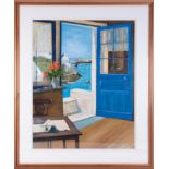 Print after Raymond Wintz, Blue Door, over painted in oils, 76cm x 60cm, framed and glazed.