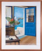 Print after Raymond Wintz, Blue Door, over painted in oils, 76cm x 60cm, framed and glazed.