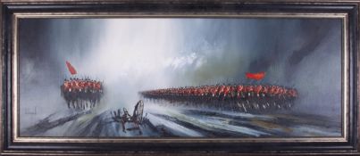 John Bampfield (b1949), 'The Charge Of The Light Brigade' oil on canvas, 44cm x 120cm, framed.