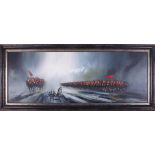 John Bampfield (b1949), 'The Charge Of The Light Brigade' oil on canvas, 44cm x 120cm, framed.