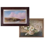 G. Shaw, traditional oil on board, Moorland scene, 34cm x 60cm together with, still life flower