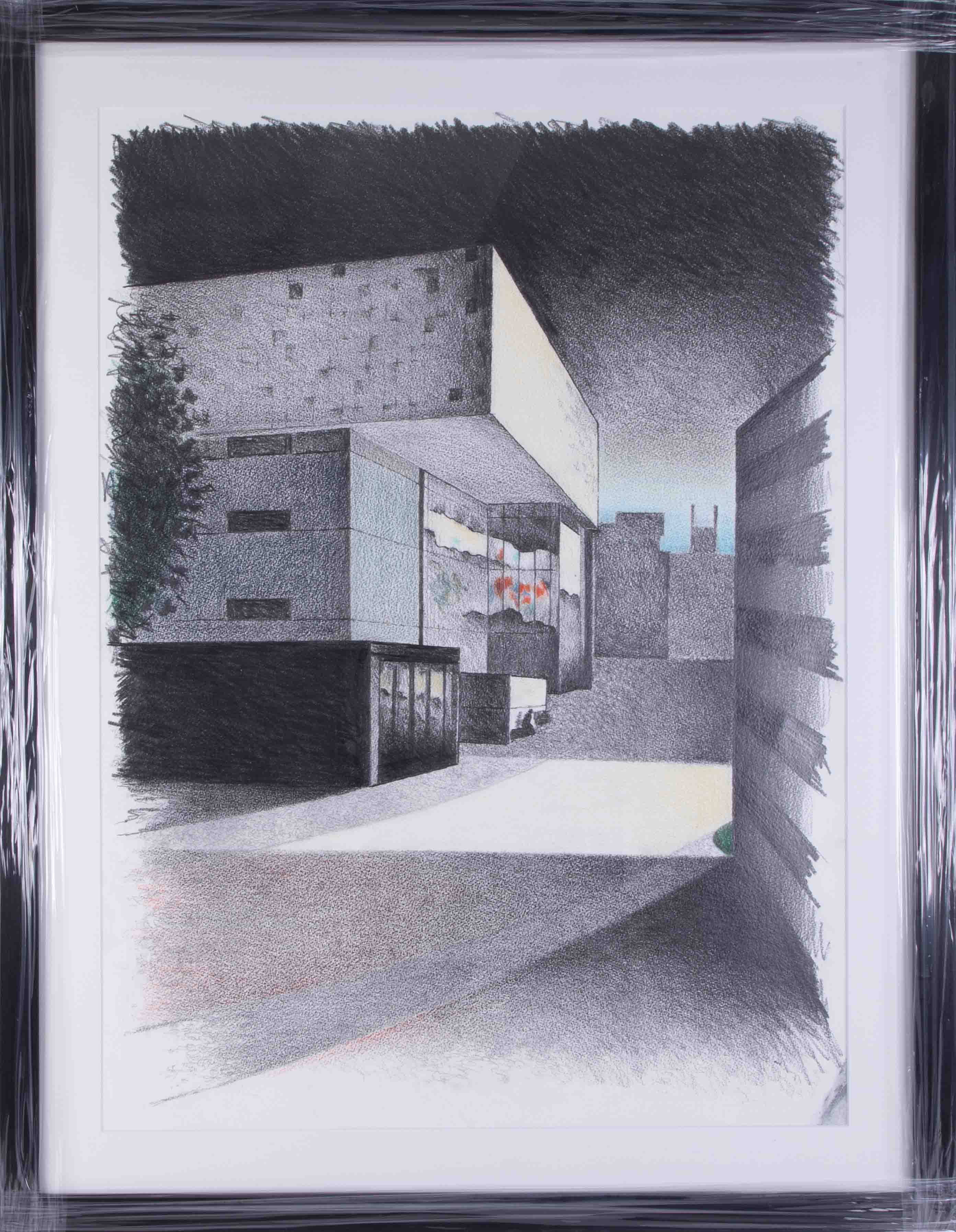 Mike Hanny (Plymouth artist) drawing, The Box, Plymouth, 75cm x 55cm, framed and glazed.