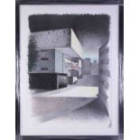 Mike Hanny (Plymouth artist) drawing, The Box, Plymouth, 75cm x 55cm, framed and glazed.