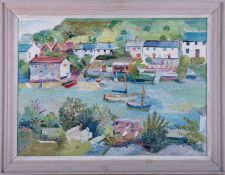 Fred Yates (1922 - 2008), 'River Scene with baots and cottages' signed oil on board, 50cm x 71cm,