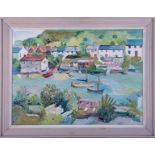 Fred Yates (1922 - 2008), 'River Scene with baots and cottages' signed oil on board, 50cm x 71cm,