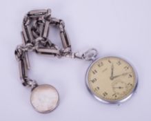 An open faced nickel-chrome cased pocket watch, mechanical pendant wind movement, Eros, full