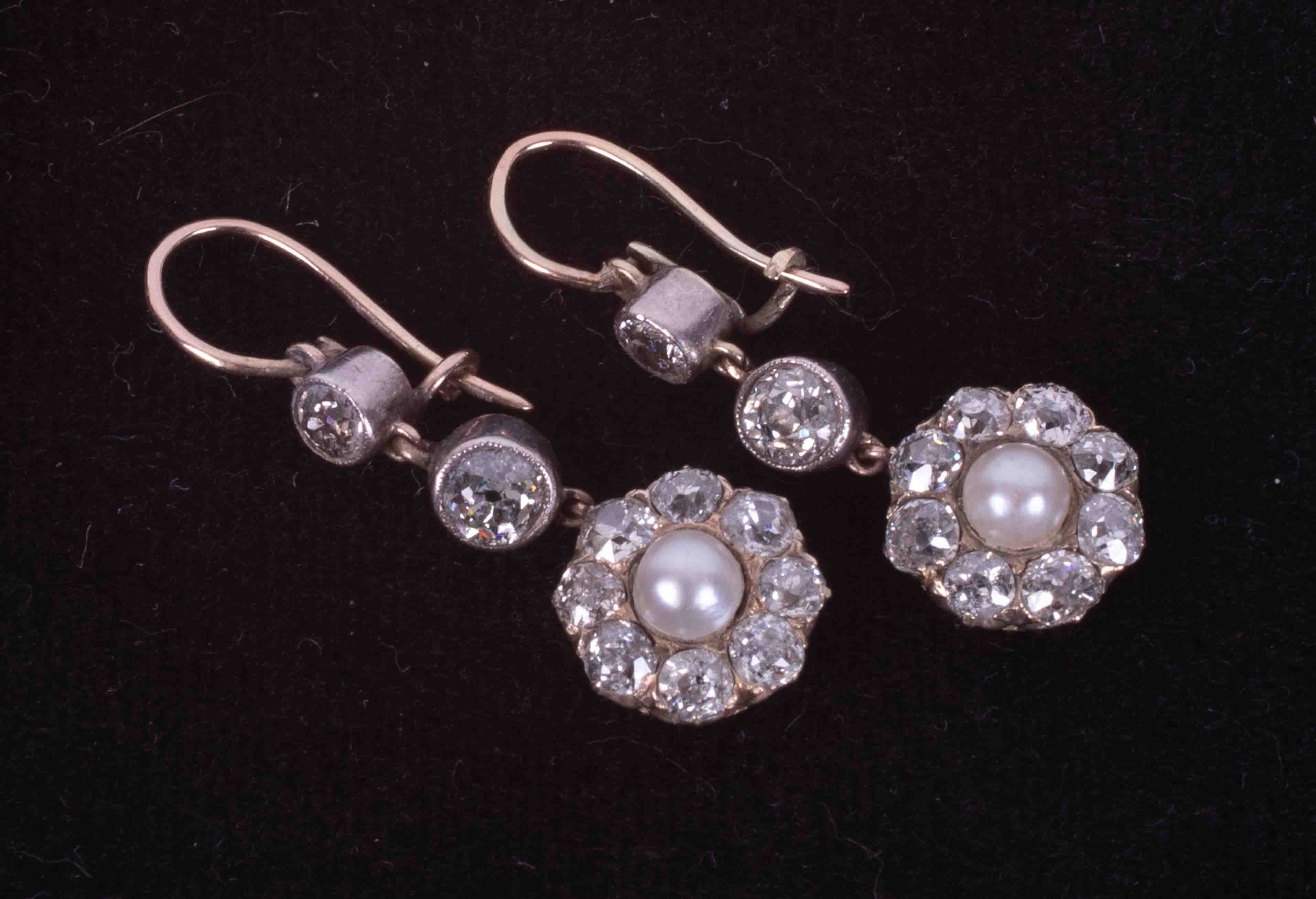 A pair of antique rose & white gold pearl & old cut round diamond drop earrings, the pearls