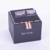 A pair of designer Paul Smith classic striped Mini car cufflinks in original gift box.