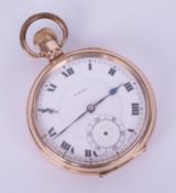 Rolex, an open face pocket watch, moon gold plated case, serial 230384, pendant wind, roman