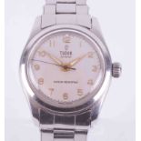 Tudor, a Oyster stainless steel manual wind wristwatch, with Rolex rivet bracelet, Arabic dial.