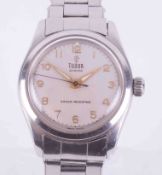Tudor, a Oyster stainless steel manual wind wristwatch, with Rolex rivet bracelet, Arabic dial.