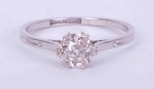 A platinum solitaire ring set with approx. 0.84 carats of old round cut diamond, colour H-I and