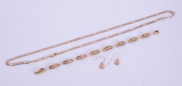 Three pieces of jewellery to include a pair of 9ct rose gold 'peace' sign drop earrings, 0.64gm, a