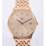 Longines, a gents gold plated Lyre wristwatch with date window, champagne dial, flexi link bracelet,