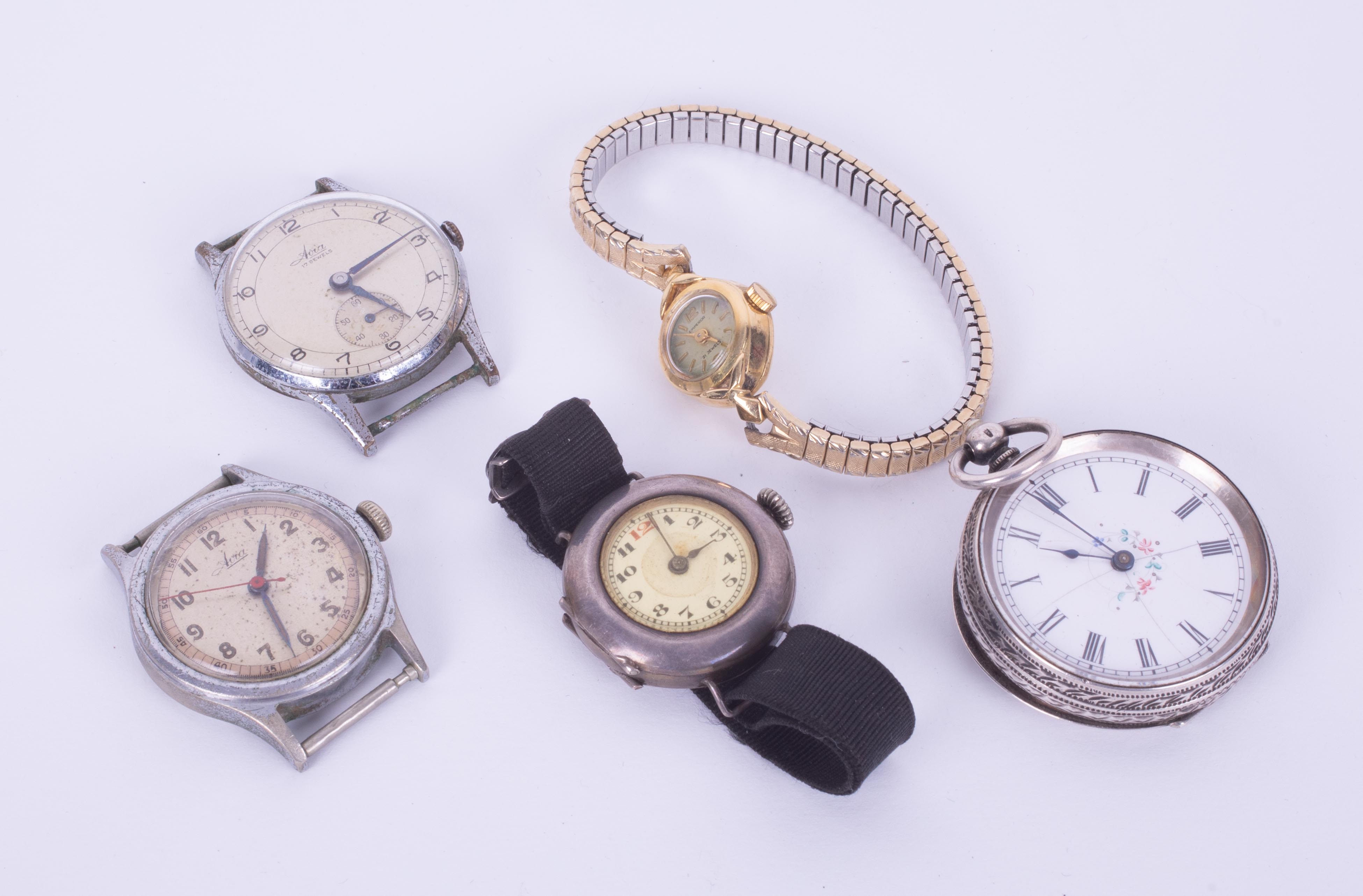 Five various watches including two Avia, a silver cased fob watch, and 18ct gold cased ladies