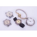 Five various watches including two Avia, a silver cased fob watch, and 18ct gold cased ladies
