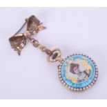 A ladies enamel fob watch with keyless movement, enamelled dial with Arabic numerals and gilt