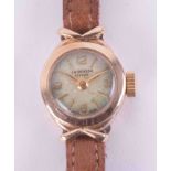 J.W.Benson, a ladies 9ct yellow gold small round face wristwatch, with tan strap, boxed.