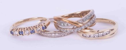 Four 9ct gold rings to include a 9ct white gold half eternity ring set diamonds, 2.05gm, size L, a