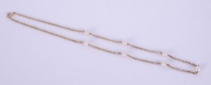 A 20" 9ct yellow gold belcher chain interspaced with seven pearls, 13.04gm.
