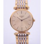 Longines, a ladies two tone quartz Le Grande Classic wristwatch, champagne baton dial, integral