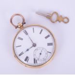 An 18ct gold open face key wind pocket watch, enamel Roman dial with sub seconds, hallmarked