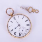 An 18ct gold open face key wind pocket watch, enamel Roman dial with sub seconds, hallmarked