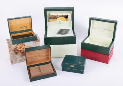 Rolex, a selection of empty Rolex boxes to include five green Rolex boxes numbers 67.00.08, 31.00.