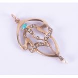 A yellow gold (not hallmarked or tested) Art Nouveau pendant set with turquoise and pearls, length