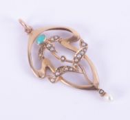 A yellow gold (not hallmarked or tested) Art Nouveau pendant set with turquoise and pearls, length