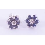 A pair of 9ct white gold flower cluster studs set with small round sapphires & a small central round