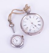 Vintage silver cased open face pocket watch with key wind movement together with silver cased