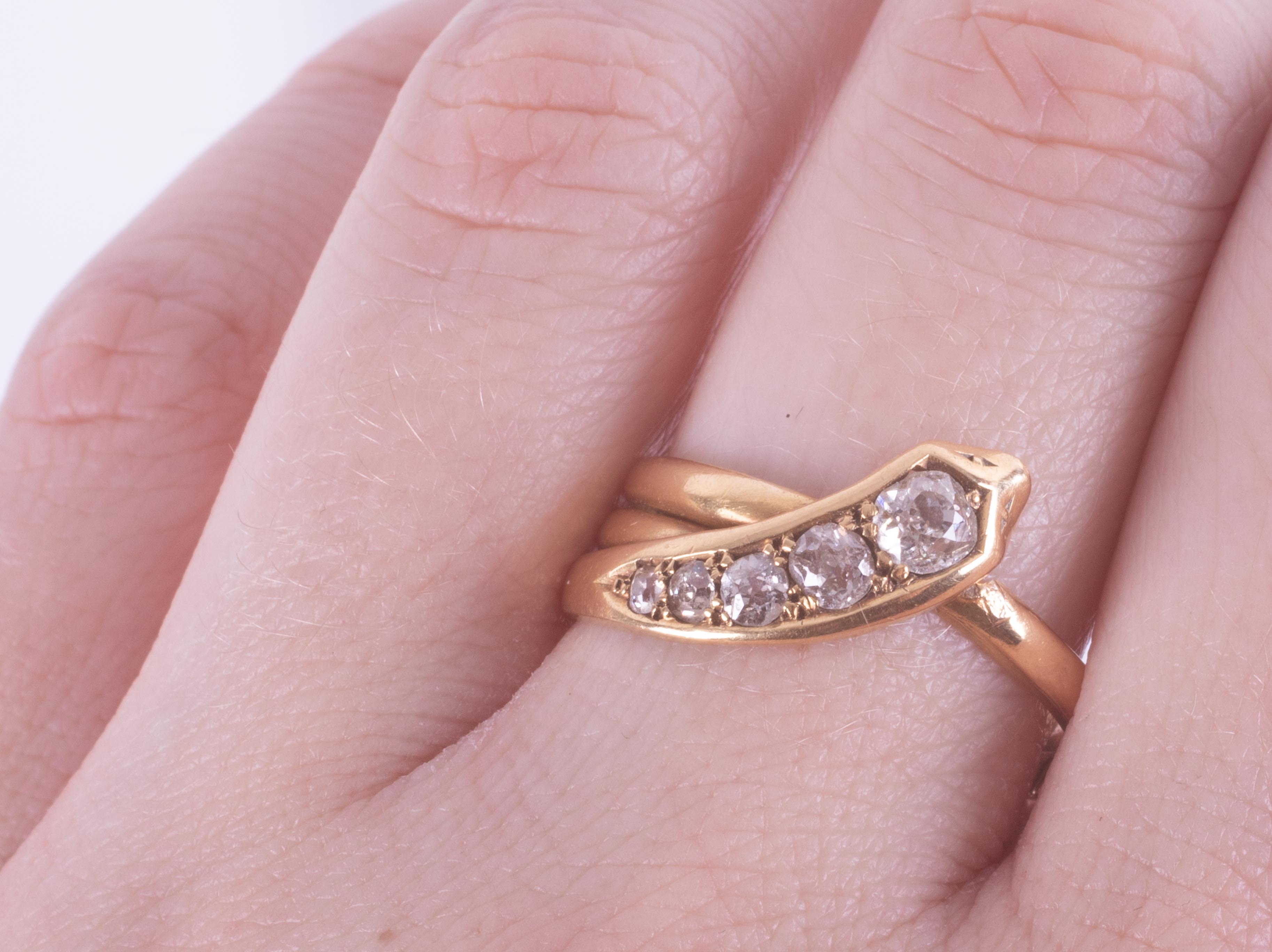 An 18ct yellow gold antique snake ring set with five old graduated round cut diamonds, approx. total - Image 3 of 8