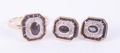 A set comprising of a 9ct yellow gold cluster style ring set with a central oval cut dark blue