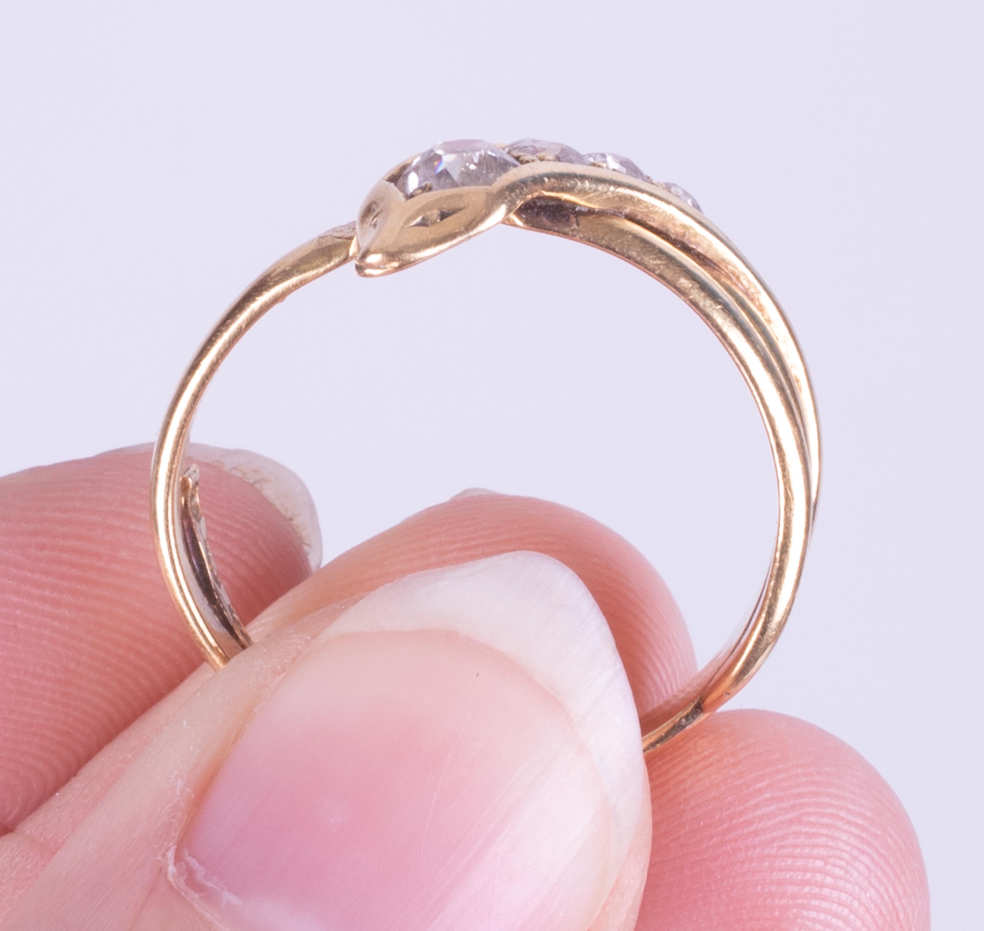 An 18ct yellow gold antique snake ring set with five old graduated round cut diamonds, approx. total - Image 7 of 8