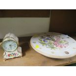POTTERY QUARTZ WALL CLOCK SIGNED TO THE BACK, AND A MUSICAL MANTEL CLOCK