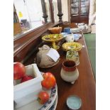 DECORATIVE POTTERY AND PORCELAIN INCLUDING HONITON POTTERY CHEESE DISH, SARREGUEMINES FRUIT DISH