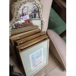 THREE COLOURED ENGRAVINGS IN GILT-EFFECT FRAMES, FRAMED AND GLAZED WATERCOLOUR OF ROOF TOPS TOGETHER