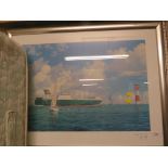FRAMED AND GLAZED COLOURED PRINT OF SHIPS 'FLENSBURG 19TH APRIL 2002', SIGNED AND DATED TO MARGIN