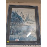 FRAMED AND GLAZED WATER COLOUR OF ARCTIC SCENE, LABELLED 'SEALSKIN SILHOUETTE G MOORE'