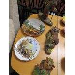 TWO BOSSONS PLASTER WALL PLAQUES OF ANIMALS, TWO CHINA COLLECTORS PLATES, AND DECORATIVE FIGURE ON