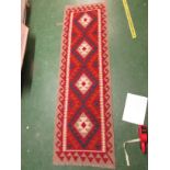 RED AND BEIGE GROUND MAIMANA KILIM RUNNER WITH FOUR MEDALLIONS (211 X 63 CM)