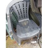 THREE PLASTIC OUTDOOR CHAIRS IN BLACK. (AF)