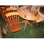 CIRCULAR LIGHT WOOD VENEER DROP LEAF KITCHEN TABLE MATCHED WITH A PAIR OF HONEY PINE CHAIRS.