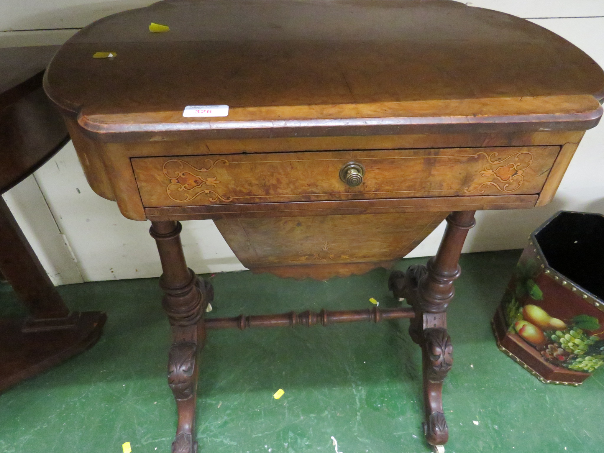 VICTORIAN MAHOGANY AND WALNUT WORK BOX WITH SINGLE DRAWER AND PAPER LINED DRAWER, ON TURNED WOODEN