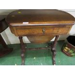 VICTORIAN MAHOGANY AND WALNUT WORK BOX WITH SINGLE DRAWER AND PAPER LINED DRAWER, ON TURNED WOODEN