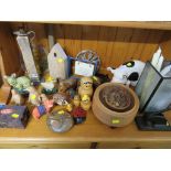 SELECTION OF DECORATIVE HOUSEHOLD ITEMS , INCLUDING CERAMIC PIG , WOODEN BOWLS AND OTHER ITEMS.